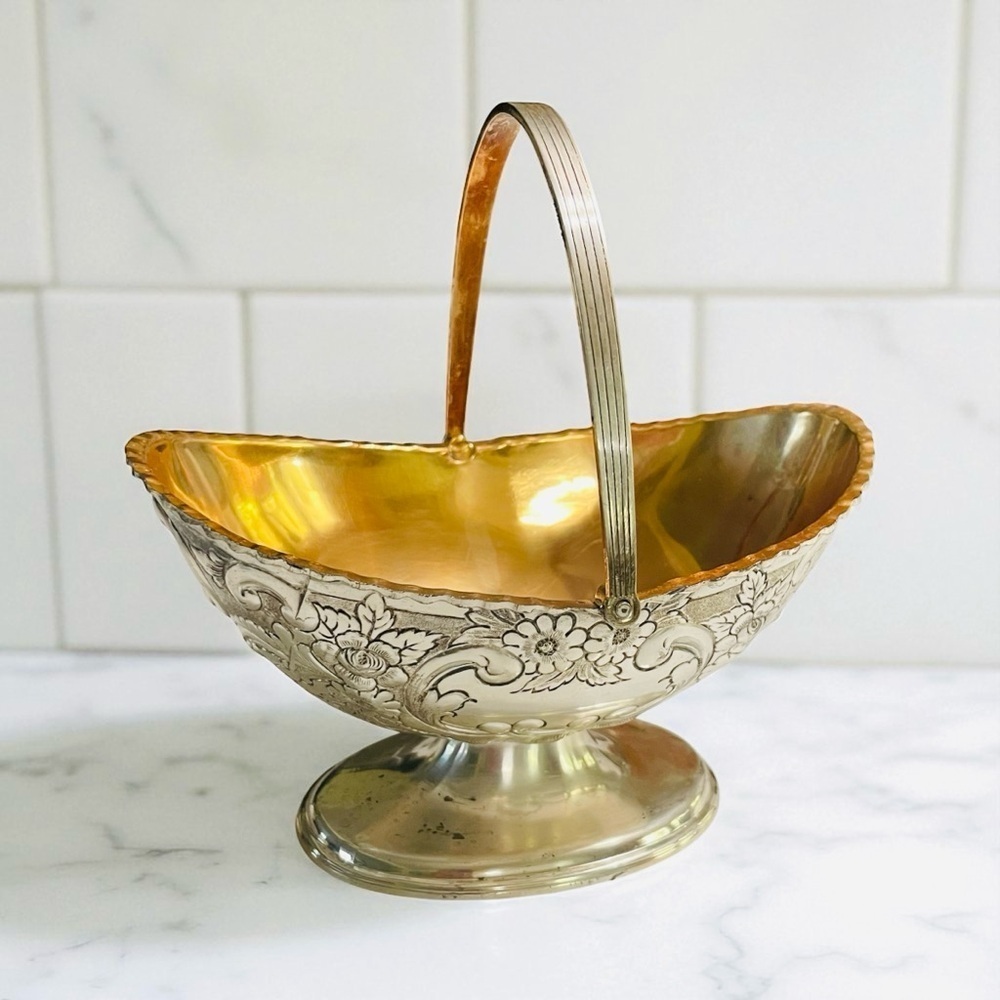 Corbell And Co. Silver Plate oval small Wedding Basket with Handle Gold Wash VTG
